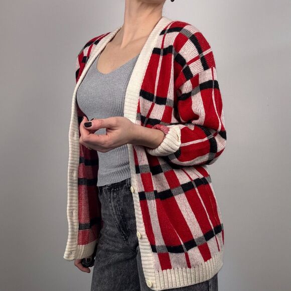 90s Vintage Plaid Wool-Blend Knit Cardigan Sweater Red Black White, Size Medium - Picture 3 of 11